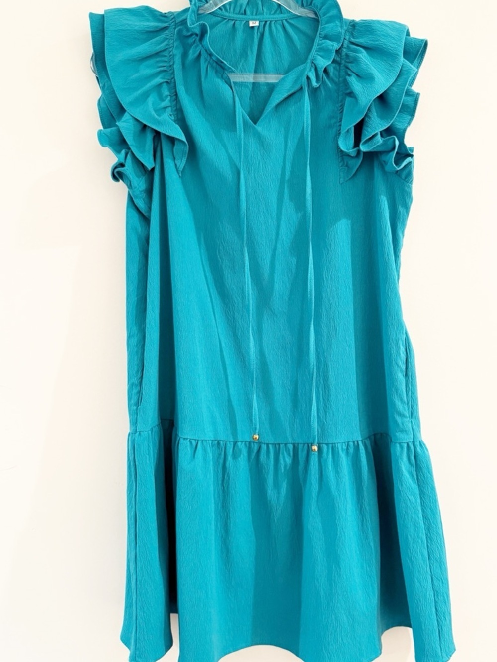 Women’s V-Neck Drawstring Ruffle Cap Sleeve Dress - Picture 8 of 8